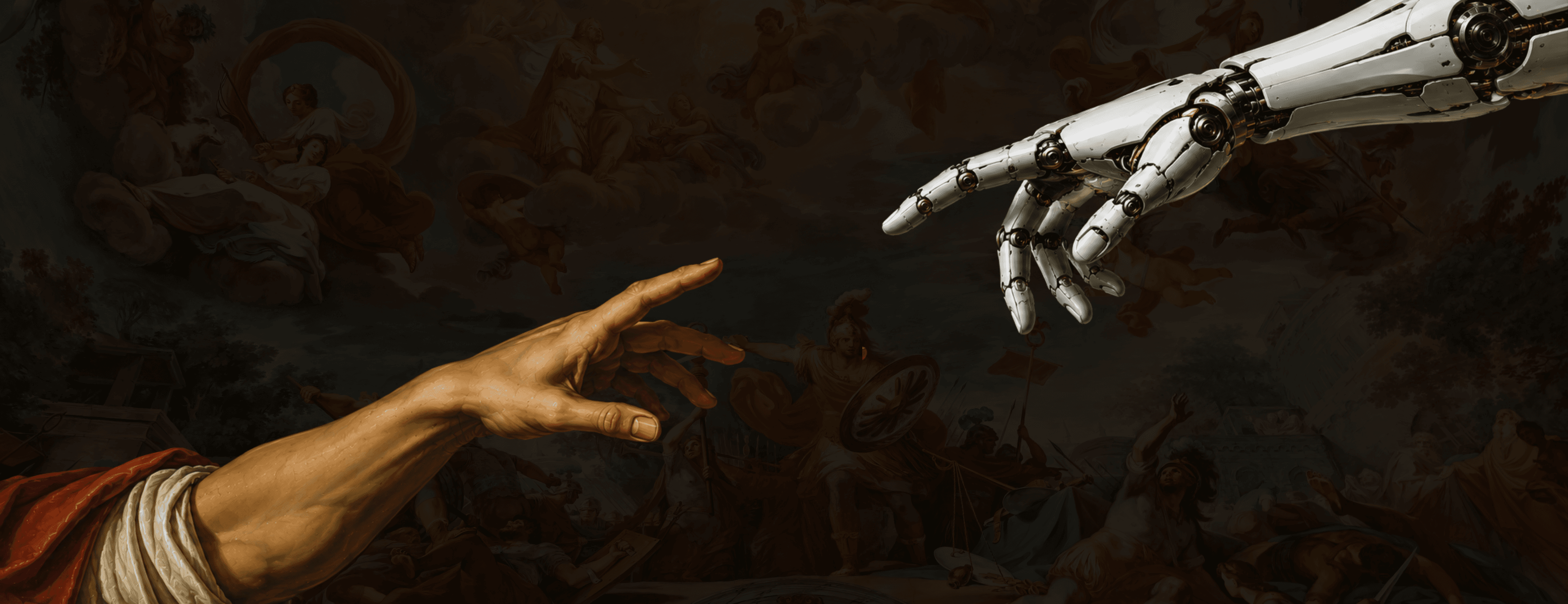 'AI Adoption Sprint for Teams' section: a human hand and a robotic hand reaching toward each other diagonally (lower-left to upper-right), dark negative space around them for text overlay