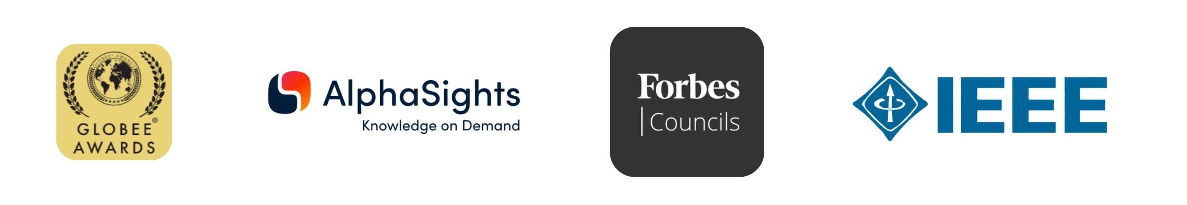 'Featured In & Trusted By' marquee, strip 1 of 3: pre-composed horizontal strip of press/client logos on a white background