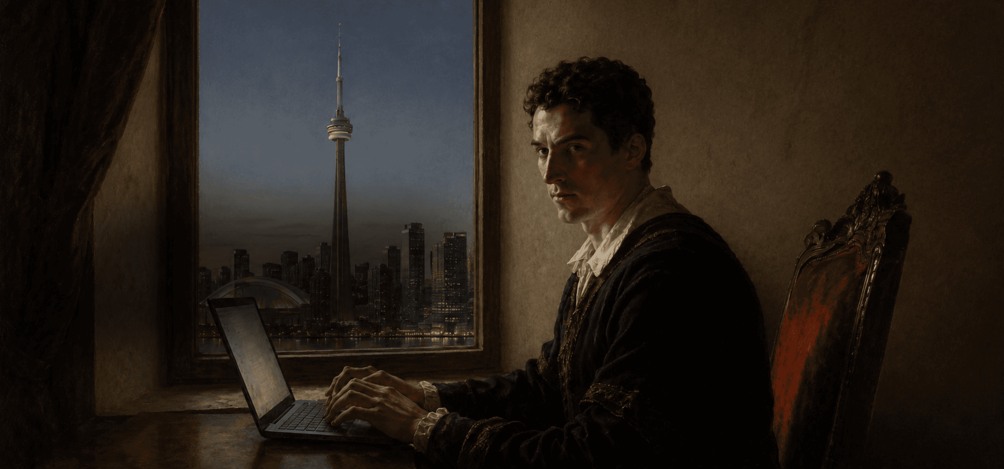 Hero background: Renaissance scholar working at a laptop overlooking a night city skyline