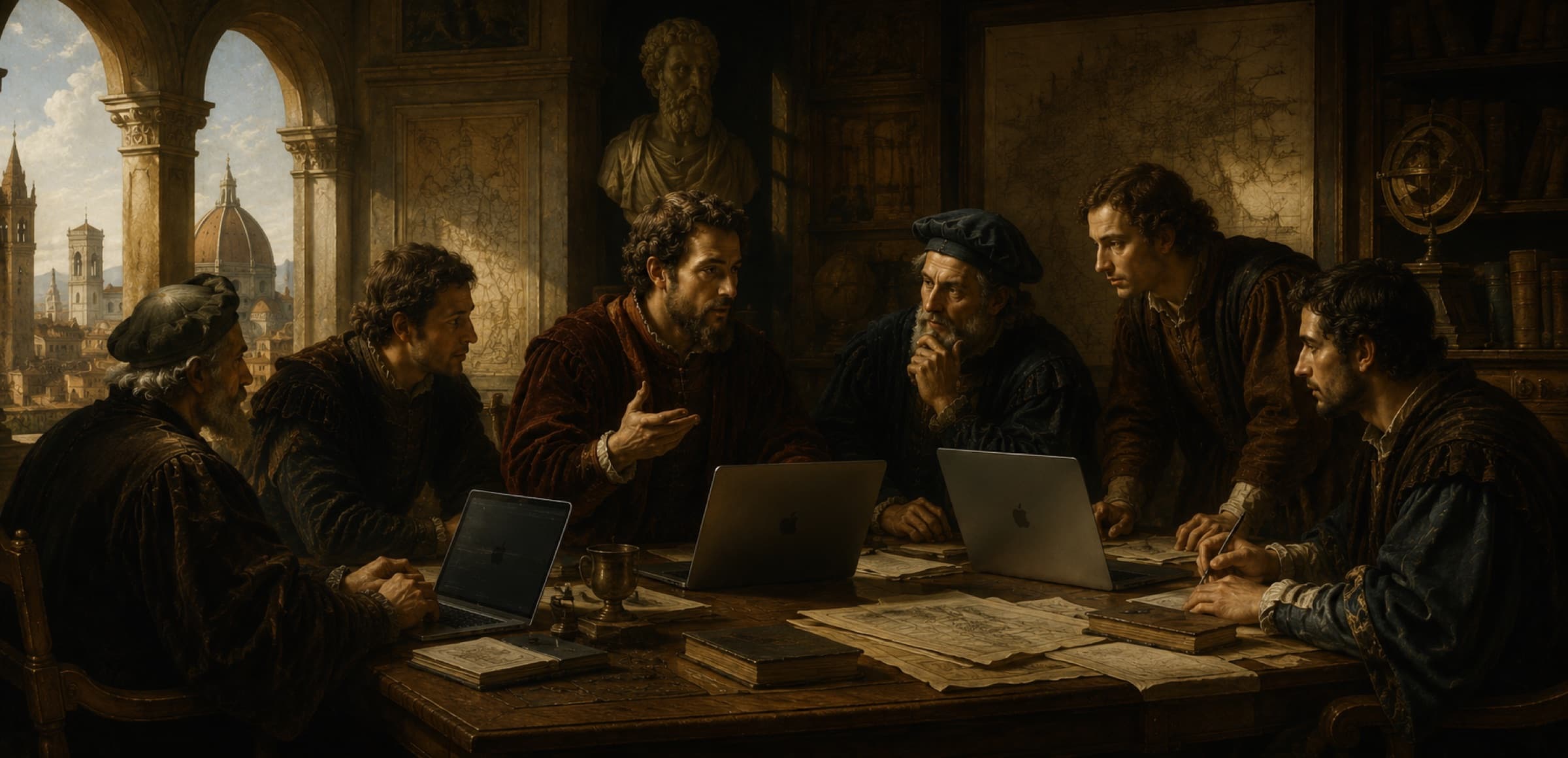 'Why Santal Consulting' section: Renaissance scholars in council, discussing with laptops