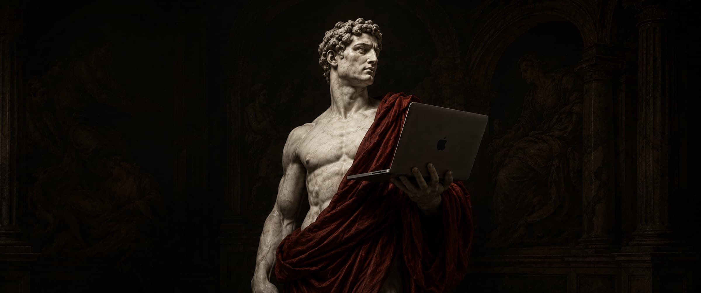 'Scale existing business / From idea to product' section: classical statue in a red toga holding a laptop