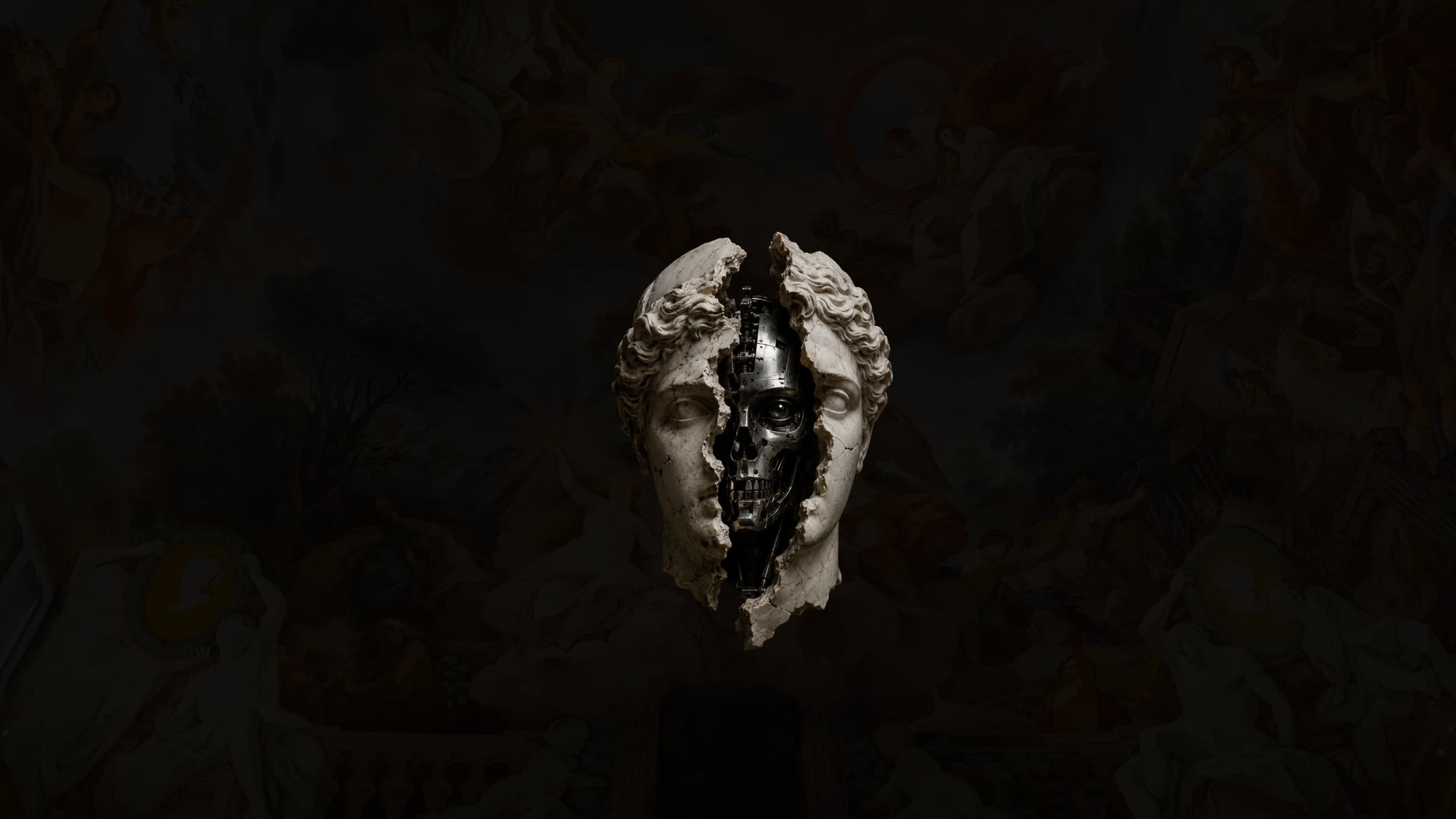 'The Way We Think / Systems Over Tools' section: cracked classical statue revealing a machine underneath