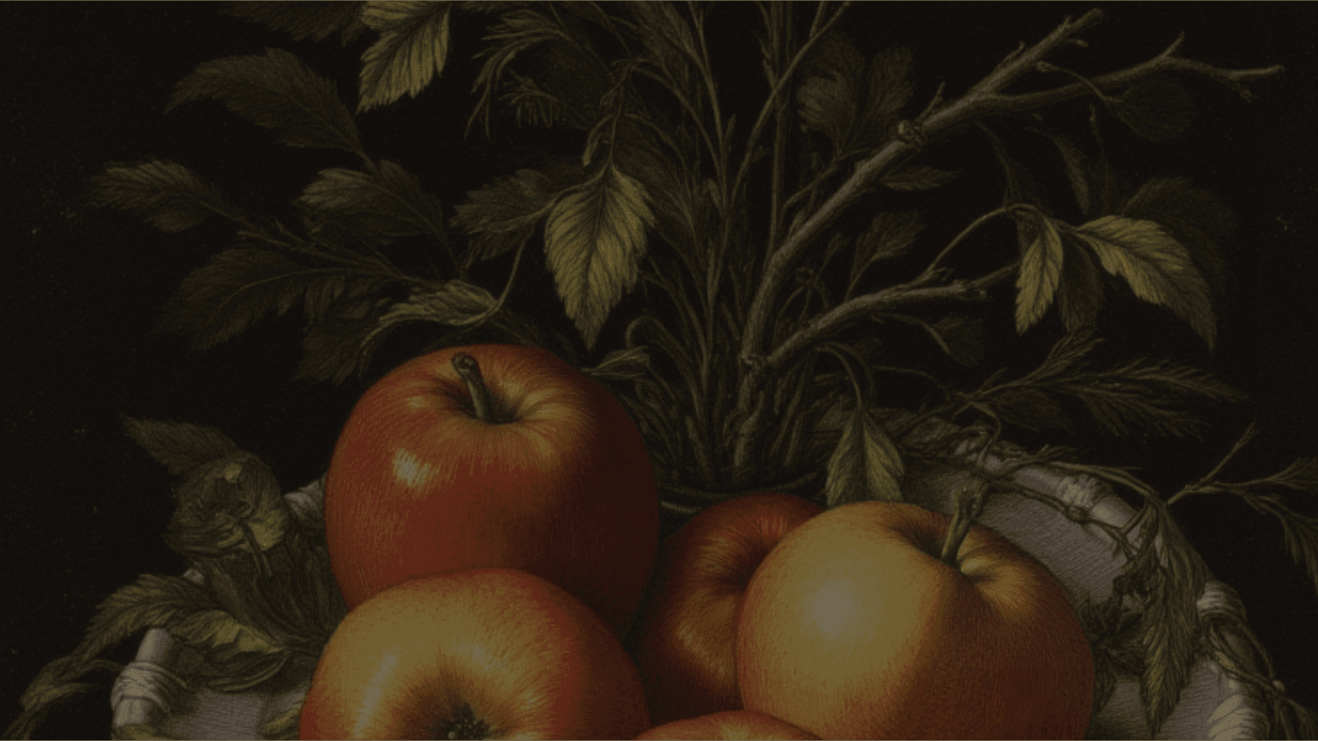 Fixed dark Baroque-style apple/fruit still-life - the universal button background site-wide. One source image; buttons show different vertical bands of it via BUTTON_TEXTURE_CROPS (wide/quiet/primary), never a different image.