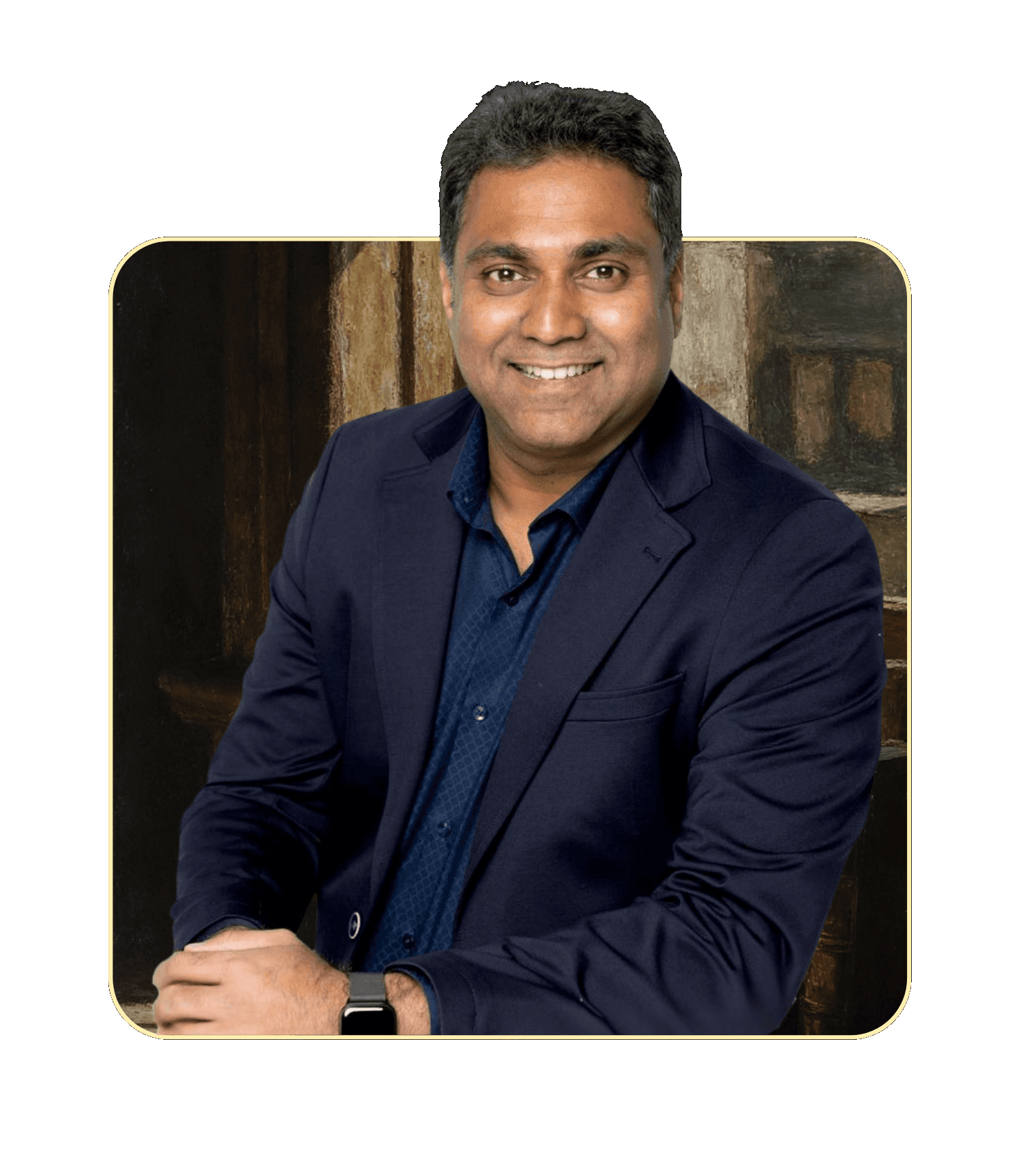 Santal Team section: Vinay Aradhya headshot, transparent background with a gold-bordered frame baked into the image