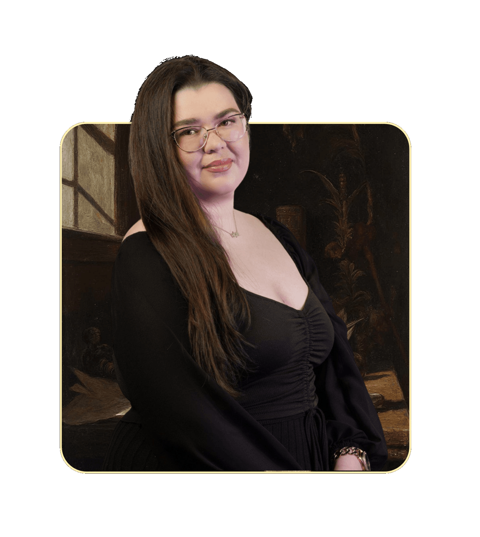 Santal Team section: Yana Vdodovych headshot, transparent background with a gold-bordered frame baked into the image